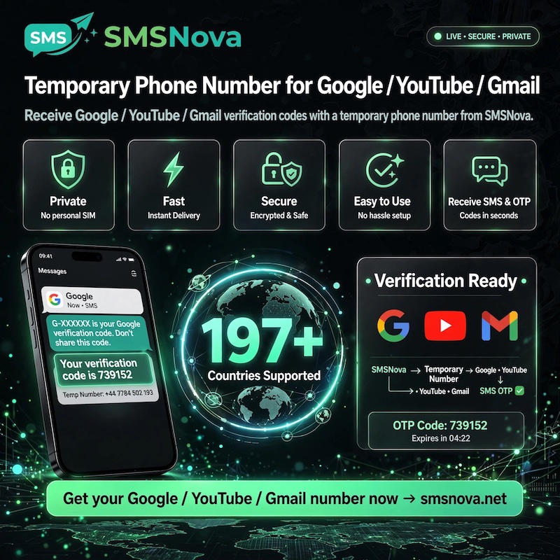 Google (Gmail, Youtube) 1 Temporary phone number Google (Gmail, Youtube)
